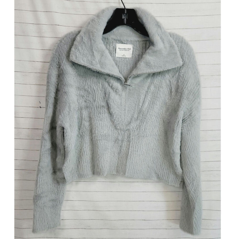 ABERCROMBIE & FITCH SOFT COLLECTION 1/4 ZIP CROPPED SWEATER IN GRAY, SZ SMALL